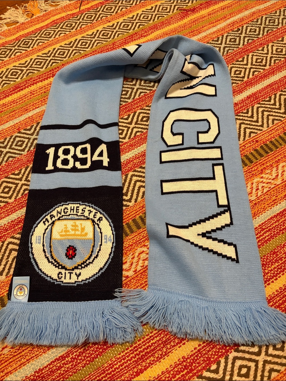Official Manchester City FC Bar Scarf Sky Blue White Fringed Soccer Football.